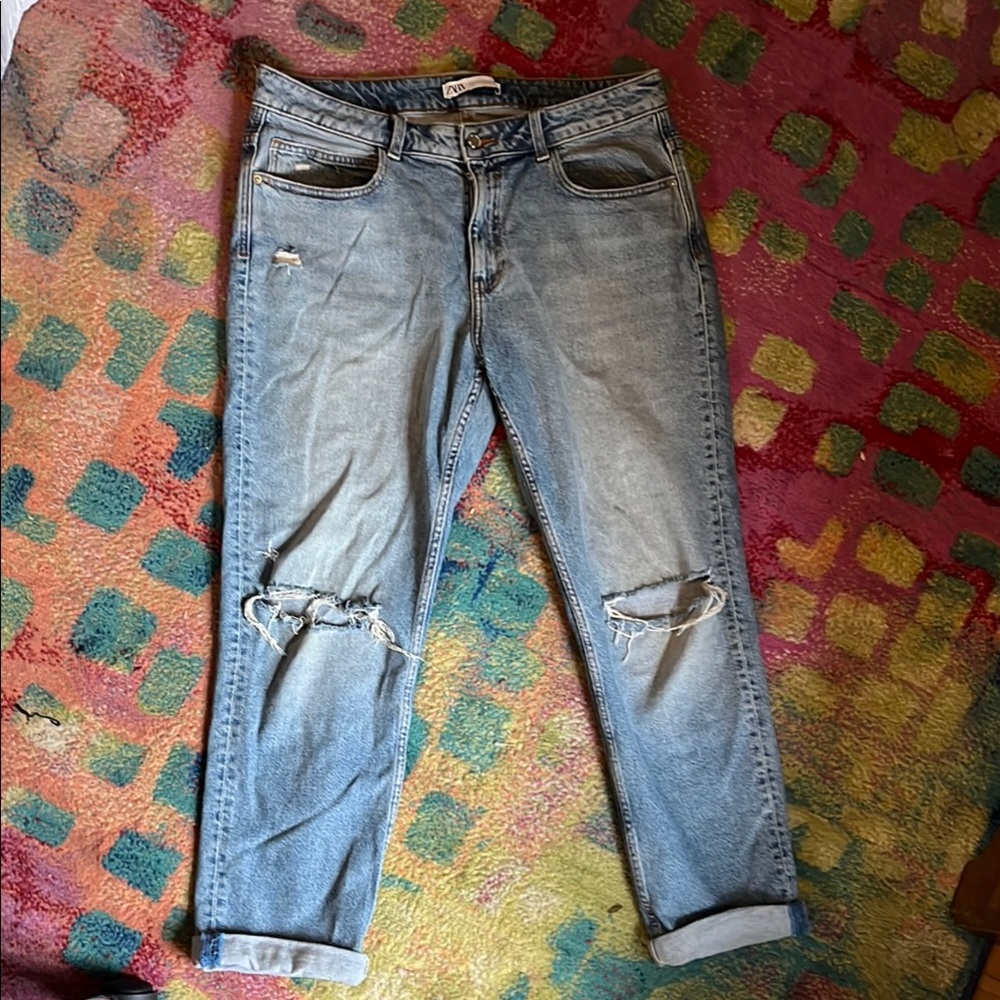 Zara Blue Boyfriend Jeans with Distressed Details
